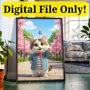 May include: A framed digital print featuring a cartoon cat wearing a blue denim jacket, striped shirt, and red scarf, waving in a park with cherry blossom trees. The print has the text "Digital File Only!" in a yellow banner.
