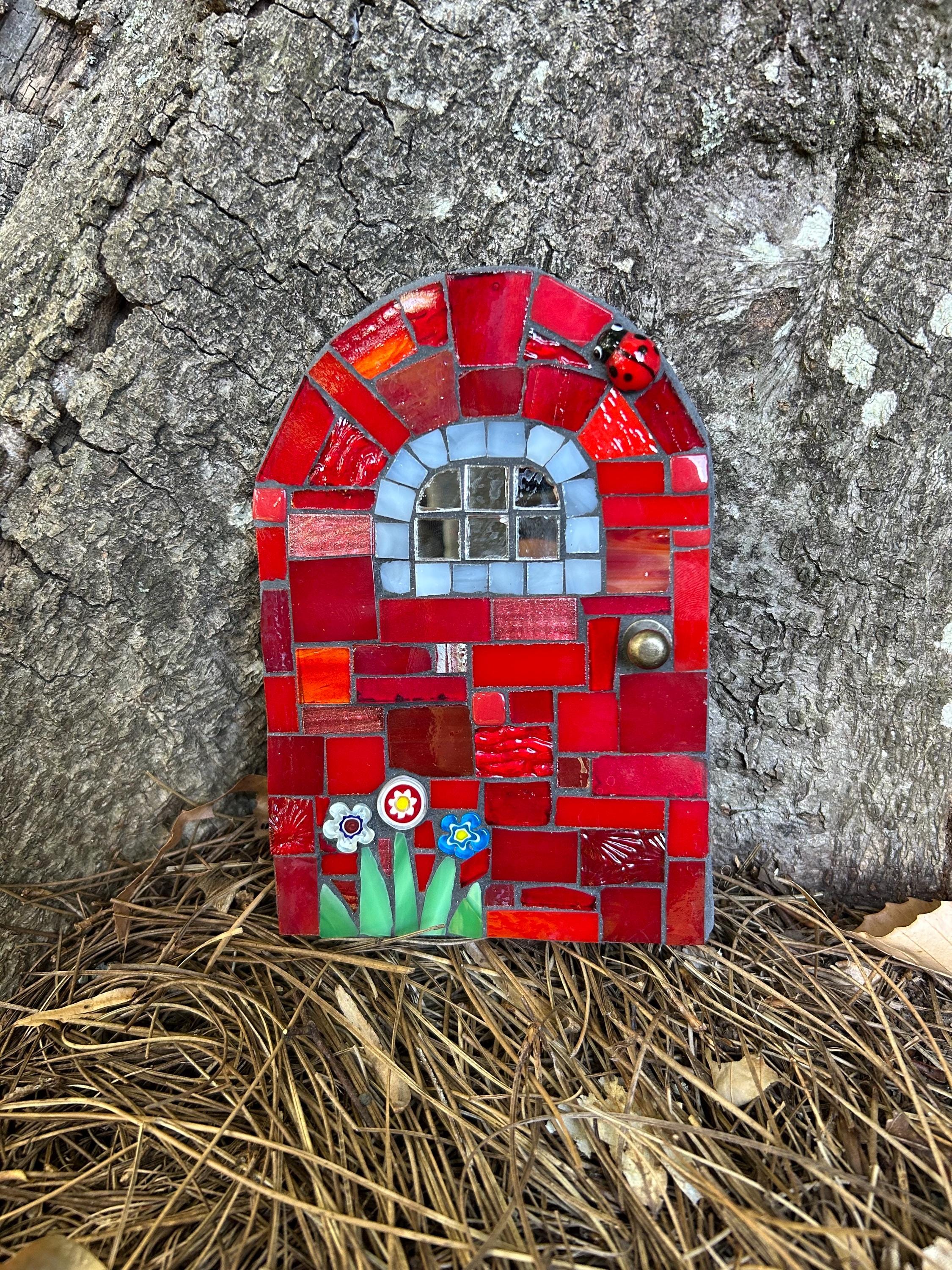 Fairy Door - Red With Flowers, Lady Bug, and Mirror Window Tiles - Etsy