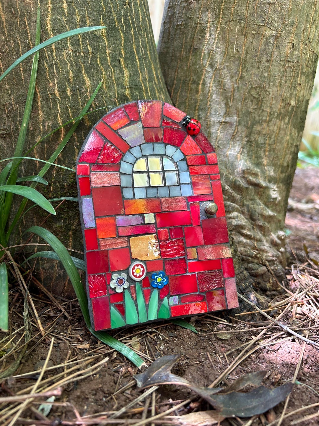 Fairy Door - Red With Flowers, Lady Bug, and Mirror Window Tiles - Etsy