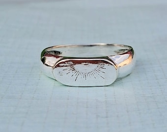 Anillo de puesta de sol, anillo de amanecer, anillo de sello, olas del mar, joyería de plata de ley
