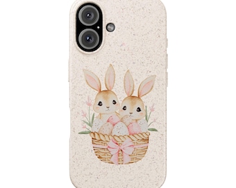 Funda para teléfono con diseño de cesta de conejito de Pascua | Funda biodegradable para iPhone con conejitos en tonos pastel