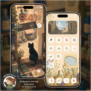 Aptekarz Czarny Kot Wiedźma Fantasy Przytulny Zestaw Ikon Aplikacji Scrapbook, Kawaii Średniowieczny Motyw Na Telefon (iOS i Android)