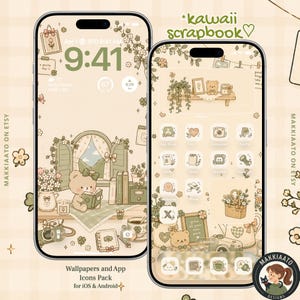 May include: Two smartphones displaying a digital wallpaper and app icon pack with a beige and sage green colour palette. The screens feature illustrations of a teddy bear reading, floral elements, and various stationery items in a scrapbook style.