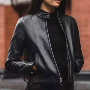 Women’s Black Leather Jacket – Zip Closure Slim Fit Biker Style – Real Lambskin – Handmade Outerwear – Gift for Her