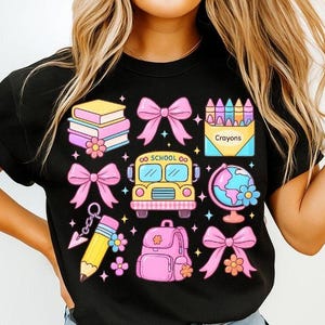 Coquette Back to School PNG SVG Clipart Bundle, Teacher Crayon Pencil Bow Shirt Sublimation, Cute Pastel School Girl Design 300 DPI