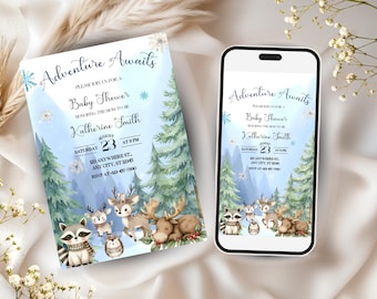Abenteuer erwartet Baby-Dusche-Einladung Waldtier-Baby-Dusche-Einladung Druckbare Wald-Baby-Dusche einladen Sofort Download