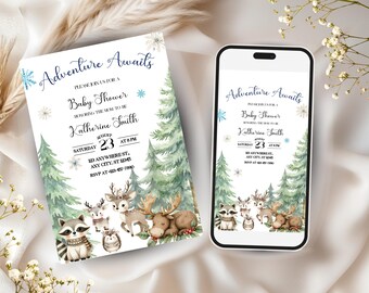 Abenteuer erwartet Baby-Dusche-Einladung Waldtier-Baby-Dusche-Einladung Druckbare Wald-Baby-Dusche einladen Sofort Download