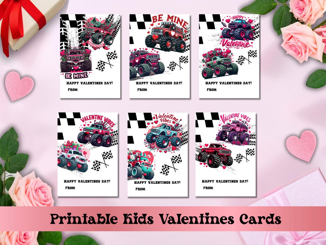 Monster Truck Printable Kids Valentine Cards, Classroom Valentines Day ...