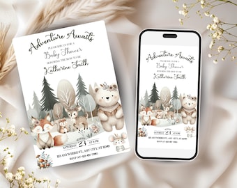 Abenteuer erwartet Baby-Dusche-Einladung Waldtier-Baby-Dusche-Einladung Druckbare Wald-Baby-Dusche einladen Sofort Download