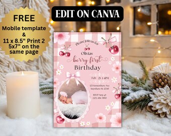 Einladung zum 1. Geburtstag, Beere 1. Geburtstag, Beere Themenparty, Beere Erst, Beere 1. Geburtstag Einladungsvorlage