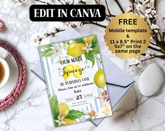 Zitrone Erster Geburtstagseinladung, Main Squeeze Theme (Digitaler Download)