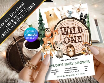 Wald-Babyparty-Einladung, Waldwald-Einladung, Waldtier-Babyparty-Einladung, Waldbabyschuh-Einladung