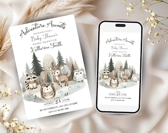 Abenteuer erwartet Baby-Dusche-Einladung Waldtier-Baby-Dusche-Einladung Druckbare Wald-Baby-Dusche einladen Sofort Download