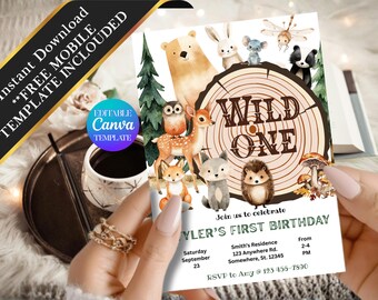 Wild One 1. Geburtstag einladen, Woodland-Geburtstag-Einladung, Waldtier-Einladung, Wild One Party einladen,