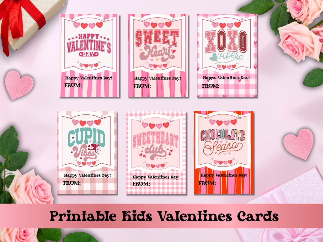 Retro Printable Kids Valentine Cards, Classroom Valentines Day Cards ...