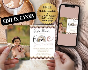 Boho Geburtstag einladen, Boho Regenbogen, Boho einladen Vorlage, Boho Geburtstagsparty, Boho erster Geburtstag, Regenbogen Geburtstag einladen