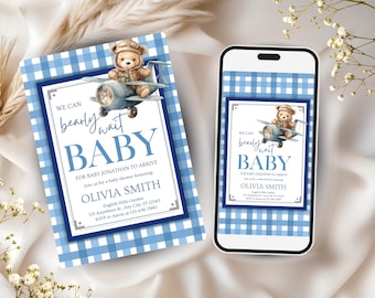 Bärig warten bearbeitbare Babypartyeinladung, wir können Bärenwart-Babyparty, Teddybäreinladung, Bärenparty, Babypartyjungen-Einladung warten