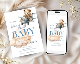 Bärig warten bearbeitbare Babypartyeinladung, wir können Bärenwart-Babyparty, Teddybäreinladung, Bärenparty, Babypartyjungen-Einladung warten
