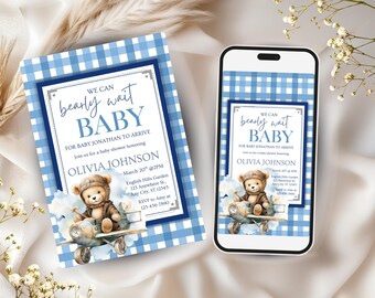 Bärig warten bearbeitbare Babypartyeinladung, wir können Bärenwart-Babyparty, Teddybäreinladung, Bärenparty, Babypartyjungen-Einladung warten