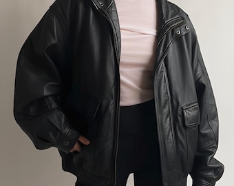Women's Oversized Leather Bomber Jacket - Black Genuine Sheep Leather - Straight Cut Relaxed Fit Premium Leather Jacket