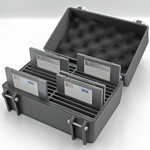 May include: A dark gray, open case with a foam-lined top section and a slotted lower section holding several gray Zip disks. The case has metal latches and hinges. The Zip disks have labels with the "zip" logo and "250MB" text.