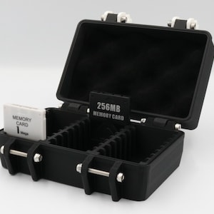 May include: Black storage case with an open lid, holding memory cards. The case has silver hinges and clasps. One memory card reads "MEMORY CARD 1 Mega", and another reads "256MB MEMORY CARD".