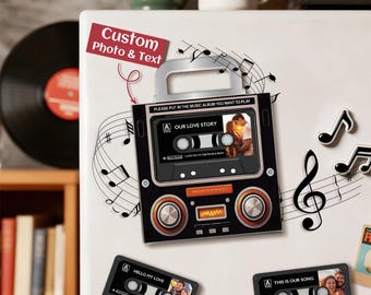 Magnete da frigo personalizzato con musica su cassetta: foto, testo, 9 canzoni (decorazione in acrilico)