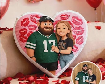 Custom Photo Heart Pillow: Personalized Couple Gift, Red Lips Design