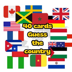 Peut inclure: Un jeu de 40 cartes avec des drapeaux de pays, dont le Canada, les États-Unis et le Royaume-Uni, avec le texte "Guess the country" en jaune et noir.