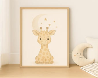 May include: A framed print featuring a cartoon giraffe with a beige and tan color scheme. The giraffe is sitting below a crescent moon and stars. The print is in a light brown wooden frame.
