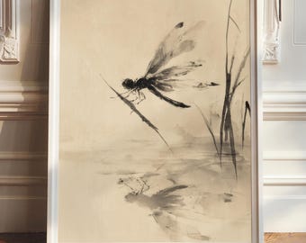 Dragonfly Sumi-e Art Print: Japans schilderij met gewassen inkt (digitale download)