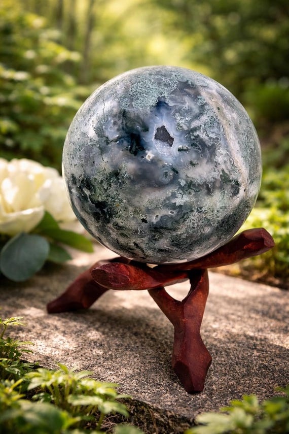 Large Moss Agate Sphere: Druzy Pockets, Growth & Balance
