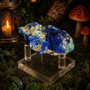 May include: A vibrant blue azurite mineral specimen, displayed on a clear acrylic stand. The stone features a mix of deep blue, gold, and green hues. The background includes a lit candle, decorative lantern, and artificial mushrooms.