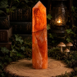 May include: An orange crystal obelisk with a pointed top, displayed on a wooden slice. The crystal is surrounded by moss, ivy, and antique books. A lit lantern and small mushrooms are in the background, creating a mystical ambiance.