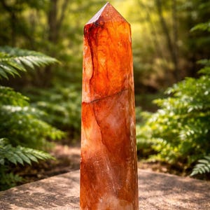 May include: A vibrant orange-red crystal obelisk, standing on a stone surface, with a blurred green forest background. The crystal has natural colour and texture variations, and a pointed top. This obelisk is a decorative item.