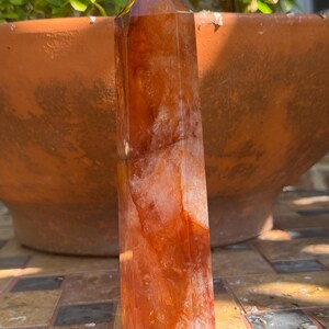 May include: A tall, orange-brown crystal point with a faceted top. The crystal has a translucent quality, with lighter and darker areas throughout. The crystal is standing in front of a terracotta pot with green plants.