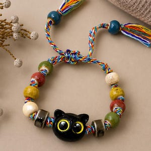 Bracelet à perles Chat Noir Mignon – Bracelet à breloques ajustable fait main, cadeau d'amitié bohème pour les amoureux des chats