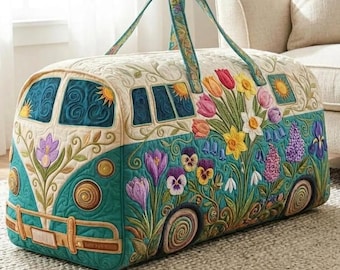 Spring Flowers Hippie Van Quilted Duffle Bag: Camper Bus Travel Weekender Bag