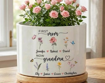 Maceta personalizada "Primera mamá, ahora abuela", maceta personalizada con flores del mes de nacimiento, nombres de niños y nietos, regalo del Día de la Madre para la abuela.