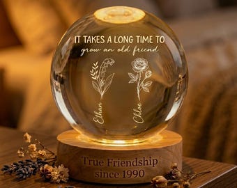 Personalized Best Friend Birth Flower Crystal Ball Night Light, Custom Friendship Keepsake, Birthday Gift for BFF, Long Distance Soul Sister