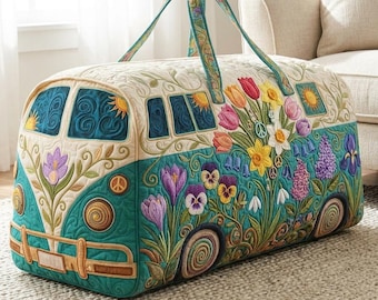Spring Flowers Hippie Van Quilted Duffle Bag: Camper Bus Travel Weekender Bag