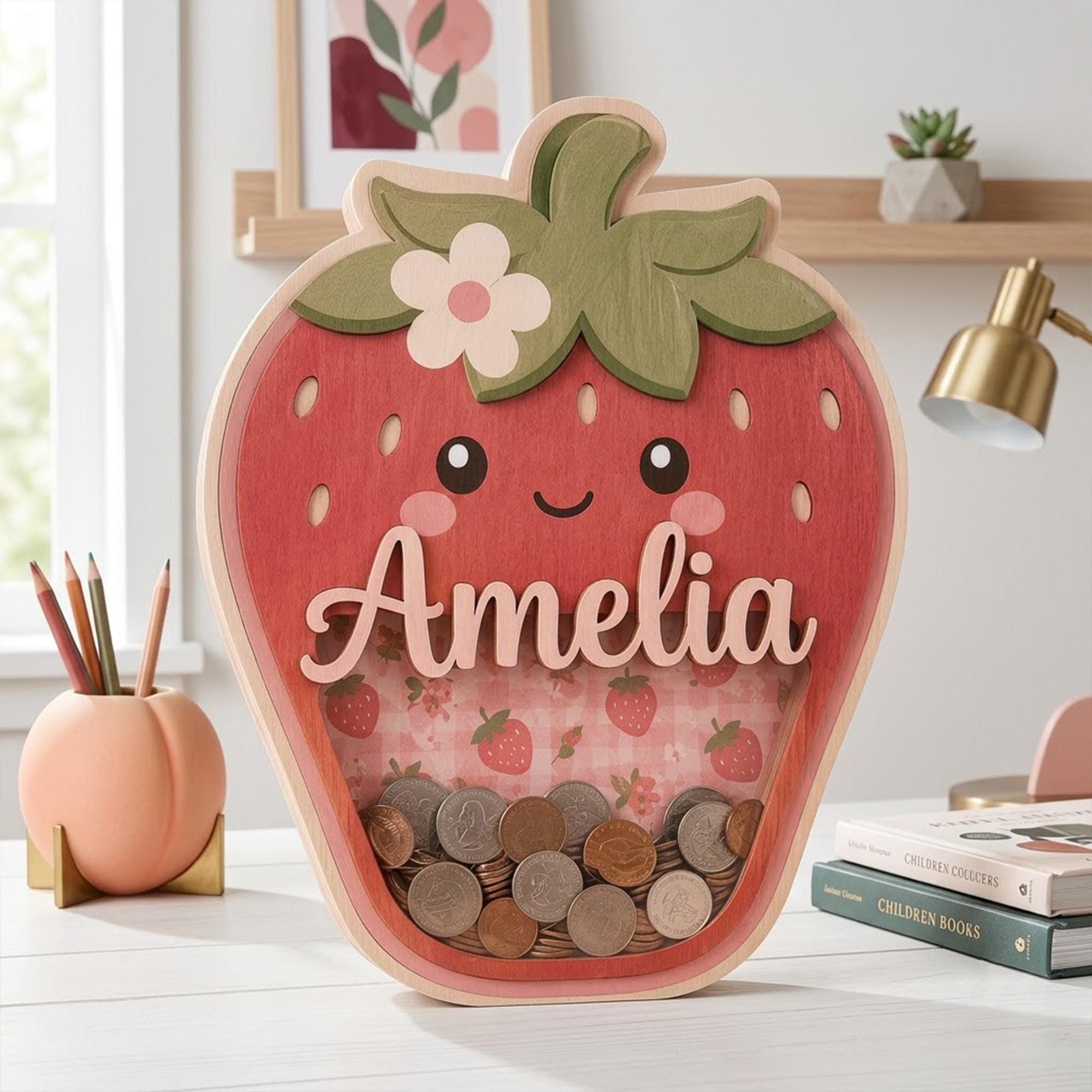 Personalized Strawberry Wooden Piggy Bank, Custom Money Box, Pink Nursery Decor, Coin Bank, Baby Girl Shower Gift, Toddler Birthday Gift