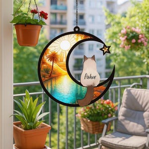 Personalized Cats Memorial with Cat Breed Suncatcher | Loss of Cats Sympathy | Custom Couple Cat On Moon Suncatcher | Gift for Cat Lovers