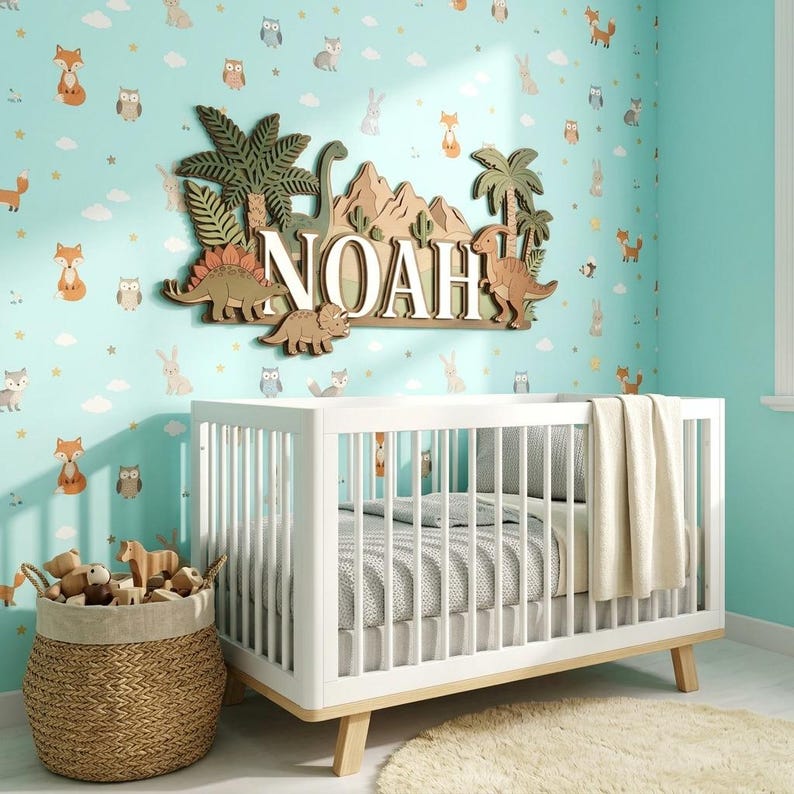 Targa personalizzata con nome a tema dinosauri per la cameretta, targa personalizzata in legno 3D con nome per bambino, decorazione per la camera da letto a tema dinosauri, quadro da parete con T-Rex e Stegosauro, regalo per baby shower. immagine 3