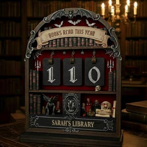 Könnte beinhalten: Ein dunkles Holzregal mit dem Text "BOOKS READ THIS YEAR" und "SARAH'S LIBRARY". Das Regal zeigt die Zahl "110" auf hängenden Schiefertafeln. Dekorative Elemente sind Fledermäuse, Wasserspeier und Miniaturbücher.