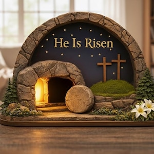 Può includere: Una scena pasquale decorativa con un sepolcro in pietra con le parole "He Is Risen" in lettere dorate. La scena comprende due croci di legno, una pietra e un ingresso luminoso. Il verde e i fiori bianchi aggiungono dettagli.