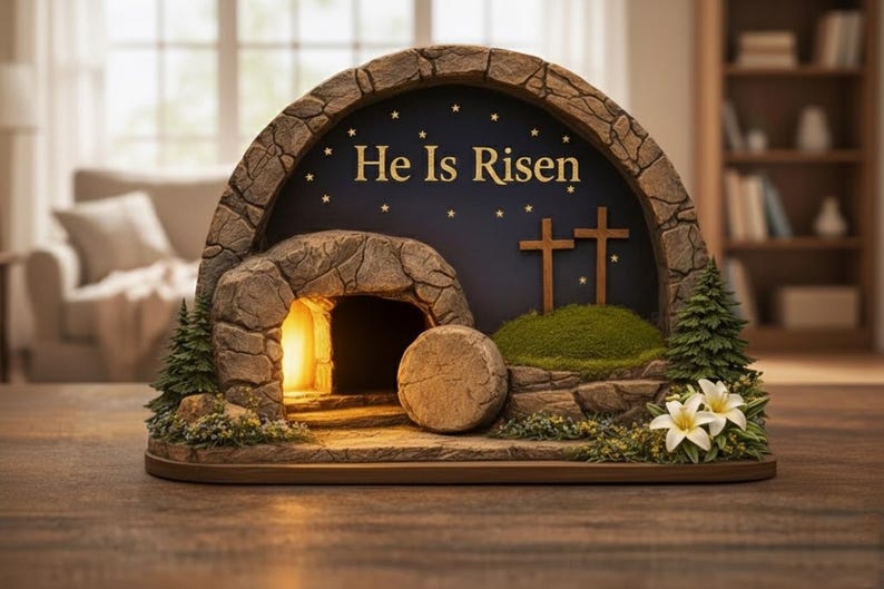 May include: A decorative Easter scene featuring a stone tomb with the words "He Is Risen" in gold lettering. The scene includes two wooden crosses, a stone, and a glowing entrance. Greenery and white flowers add detail.