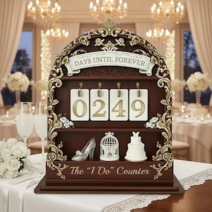 May include: A wooden wedding countdown calendar with the text "DAYS UNTIL FOREVER" and "The 'I Do' Counter". The counter displays "0249" with gold accents. Includes a glass slipper, birdcage, and cake.