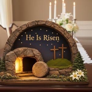 May include: A decorative Easter scene featuring a stone tomb with the words "He Is Risen" on a dark blue background. Two wooden crosses and a stone are visible. The scene is decorated with small trees and flowers.