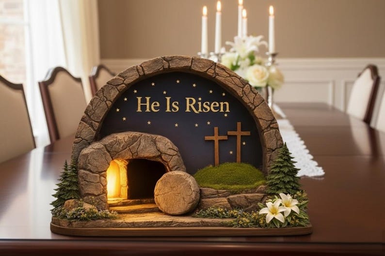 May include: A decorative Easter scene featuring a stone tomb with the words "He Is Risen" on a dark blue background. Two wooden crosses and a stone are visible. The scene is decorated with small trees and flowers.